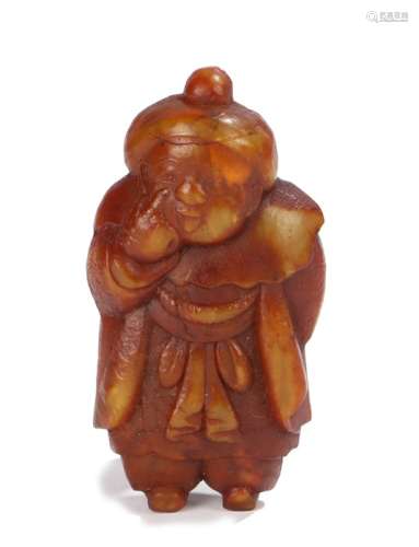 Japanese Meiji period netsuke, depicting Daruma pulling his lower eyelid down and hiding a mask of