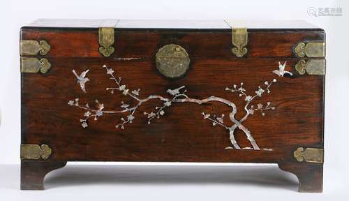 Early 20th Century Chinese mother or pearl decorated chest, the rectangular top with dragon