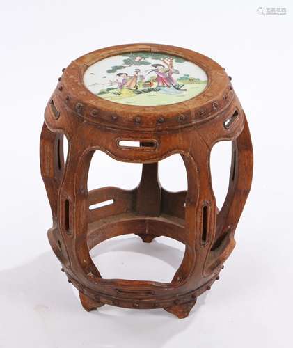 Chinese Republic period Huali wood and porcelain table, the polychrome painted porcelain top with