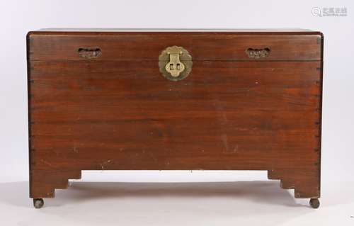 Chinese camphor wood chest, the rectangular top above a lock plate and inset handles on stepped