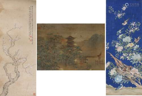 Japanese painted scroll, the central panel painted with a blossoming branch, 34.5cm x 176cm,