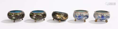 Chinese cloisonne pots, to include a pair in black ground, a pair with white ground and a single