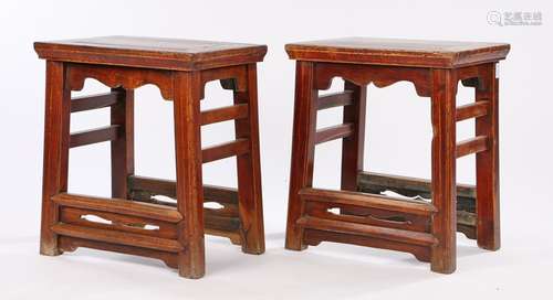 Pair of 19th Century Chinese stools, with rectangular tops above an undulating frieze and deep