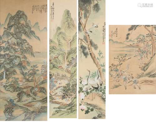 Four Chinese pictures on silk, depicting landscape scenes, warriors, birds etc. All housed in