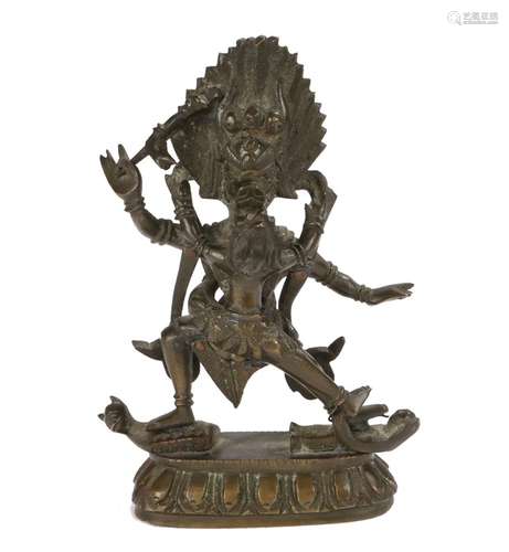 19th Century Tibet brass figure of Hayagiva Heruka and Vajravarahi on a lotus base, 14cm tall