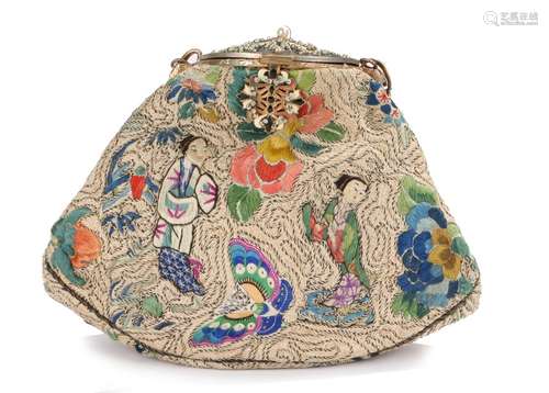 Chinese evening bag, with bead decorated gilt chain, enamel and bead decorated clasp and circular