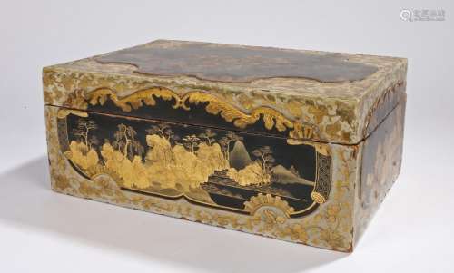 Chinese lacquer box, the white foliate lid and body with black cartouches decorated with landscape