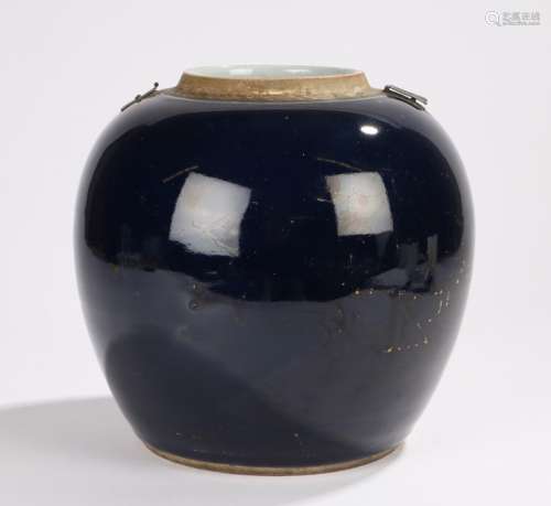 Qianlong period Chinese aubergine glazed ovoid porcelain storage jar, with remnants of gilt flower