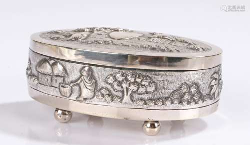 19th Century Indian white metal jewellery box, Lucknow, the hinged lid decorated with a vacant