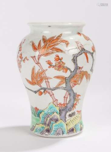 Chinese Qianlong vase, the vase decorated in Wucai palette with pine trees, bamboo, flowers, birds