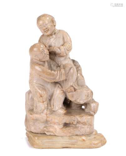19th Century Chinese group, the finely carved soapstone group of two figures depict a seated