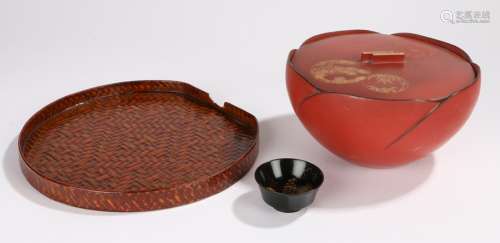 Meiji period lacquer lidded lotus shape bowl with gilt decoration to the lid, a lidded pot with gilt