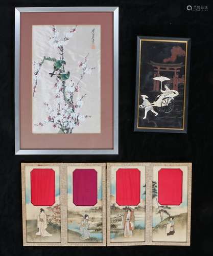 Oriental works of art, to include a silk picture with birds, a three fold screen with embroidered