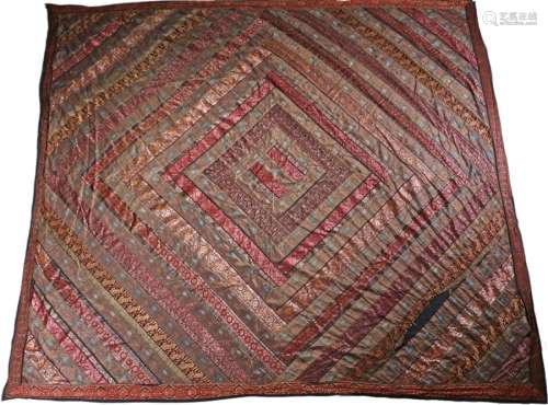 19th Century Kashmiri table cloth. The diamond geometric design with woven silver thread bands of