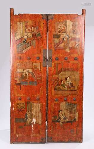 Pair of Chinese cabinet doors, painted with erotic scenes within each panel, 48.5cm x 181.5cm