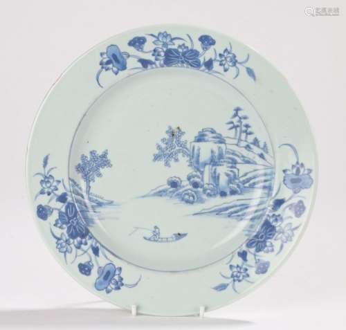 Chinese Qianlong plate decorated with a rocky landscape, fisherman in a boat and flowers, 23cm