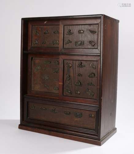 Japanese Meiji period cabinet, the rectangular cabinet with panel doors set with metal decorative