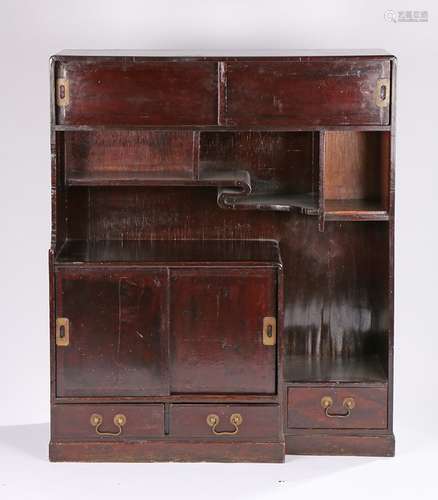 Chinese cabinet, with a rectangular top above slide cupboard and an arrangement of shelves, a