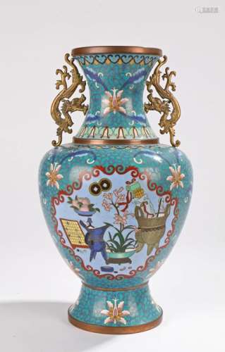 Chinese cloisonne enamel vase, with pierced dragon decorated handles, the bulbous scroll and foliate
