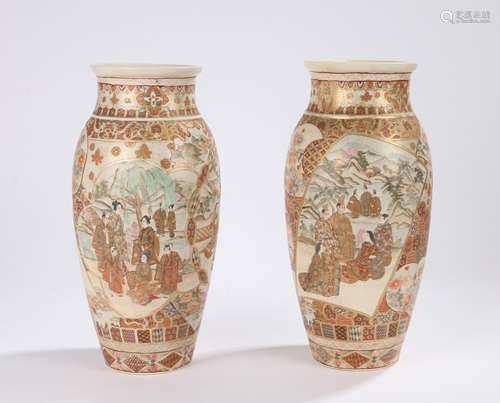 Two Japanese Meiji period Satsuma vases, decorated panels of Samurai in armour, family group in