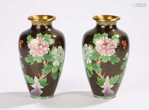 Pair of Japanese Meiji period cloisonne vases, the black peony and butterfly decoration, 16cm