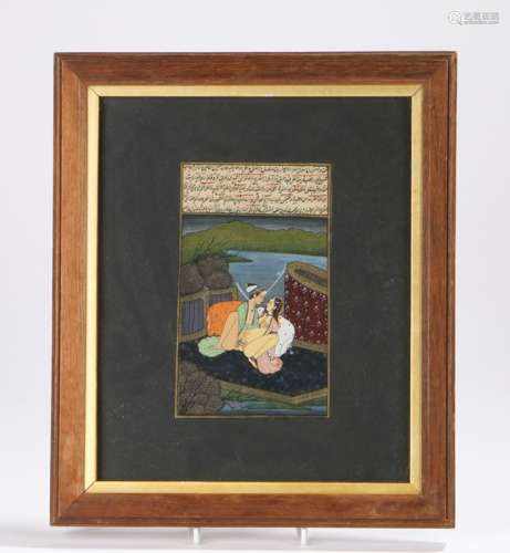 Indian Mughal erotic book plate, with text above the gouache image, 11cm x 18.5cm