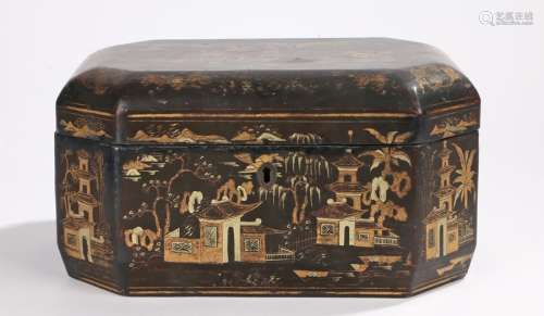 Chinese 19th Century lacquer work box, the rectangular box with canted corners decorated in gilt