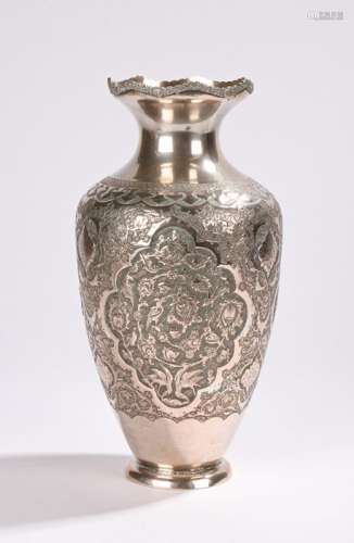 Indian silver vase decorated with Persian influence panels of birds and foliage with indistinct mark