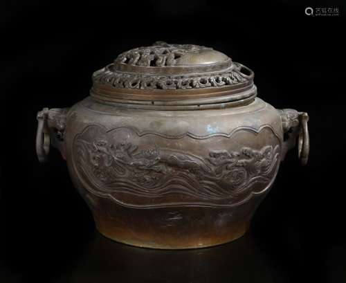 Japanese bronze censer, of large proportions, the pierced top with a scholar by his table and