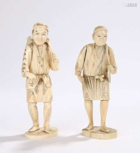 Two Japanese Meiji period ivory figures, the figures depicting fishermen with baskets of fish to