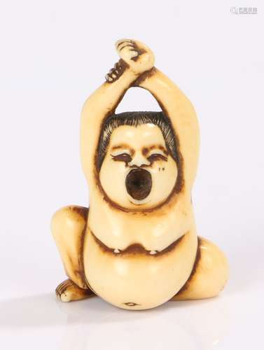 Japanese Edo period netsuke, the ivory netsuke depicting Uzume, yawning and stretching his arms