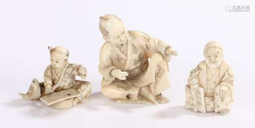 Japanese Meiji period ivory netsuke, of a seated figure about to gut a fish, 35mm high, together