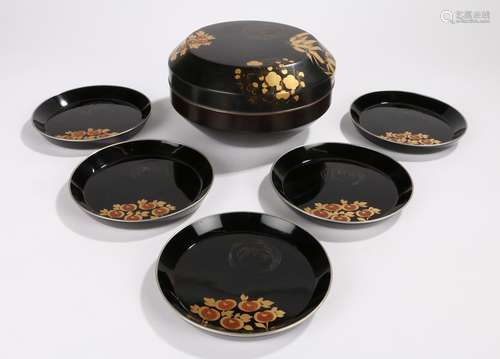 Japanese Meji period box and dishes. the black lacquer circular box with gilt bamboo, pomegranates