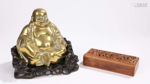 Meiji period brass figure of Hotei Buddha seated with bag of happiness, with red stone in his