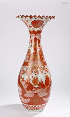 20th Century Chinese Vase, with wavy rim above a bulbous body decorated in reds with figures and