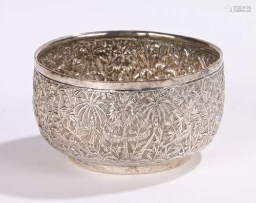 Indian white metal bowl, decorated with a dense jungle and various animals including elephants, a