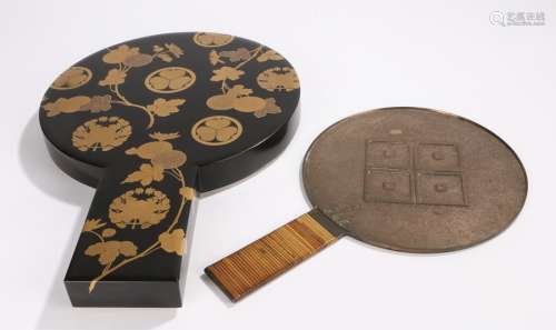 Japanese Edo period bronze mirror and lacquer mirror case, the case with a black ground decorated