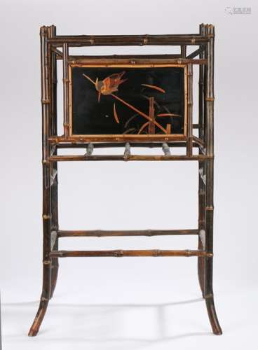 Japanese Taisho period lacquered newspaper rack, with two lacquer panels with bird scenes held
