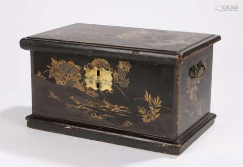 Japanese Meji period black lacquer box, the rectangular box with gilt decoration, the hinged lid