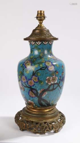 19th Century Chinese cloisonne vase, converted into a lamp with gilt metal top and bottom, the