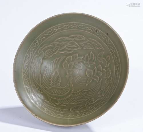Chinese celadon bowl, with bird and foliate decoration, 15cm diameter