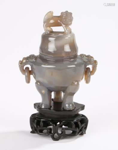 Chinese Republic censer, the grey censer raised on tripod feet, with lion head handles suspending