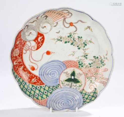 Japanese Meiji period porcelain dish, decorated with two storks and an Imari design swirl, mark to