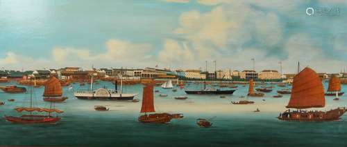 The Hongs of Canton with junks and a paddle steamer to the foreground, 20th century oil on canvas,