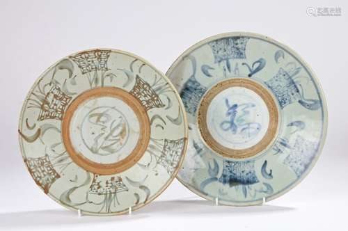 Two shallow Korean dishes decorated with bamboo and baskets, the larger 29cms diameter (2)