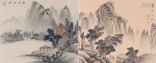 Pair of Chinese watercolours on silk depicting mountainous landscape scenes with trees, figures