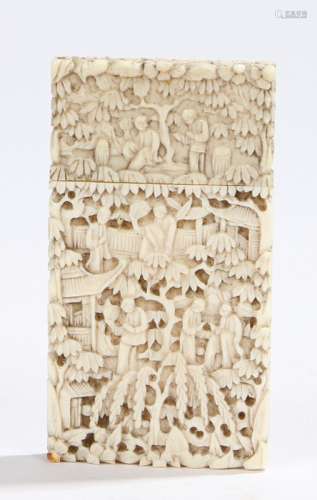 Cantonese ivory card case, carved with figures amongst pagodas and foliage, 8.5cm x 4.5cm