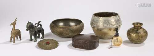 Collection of 19th and 20th Century Asian works of art to include a metal box decorated with Islamic