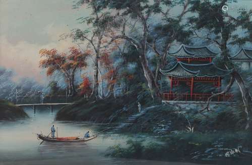 Early 20th Century export Chinese painting of a fishermen on a lake near a wooded island and pagoda.