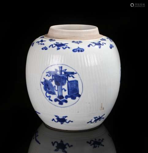 Chinese porcelain ginger jar of large proportions, possibly Kangxi period, with rib effect and